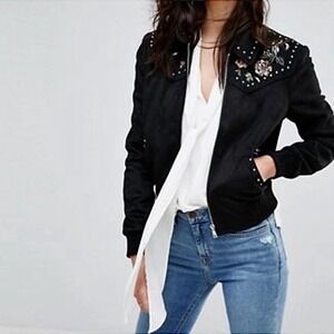 River Island Embroidered Suedette bomber Jacket Size 14